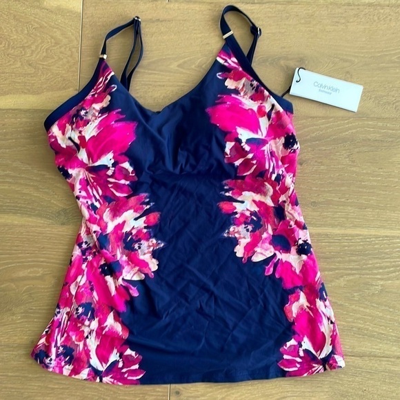 Nwt Calvin Klein Floral Navy Tankini Swim Top - M - Picture 3 of 5
